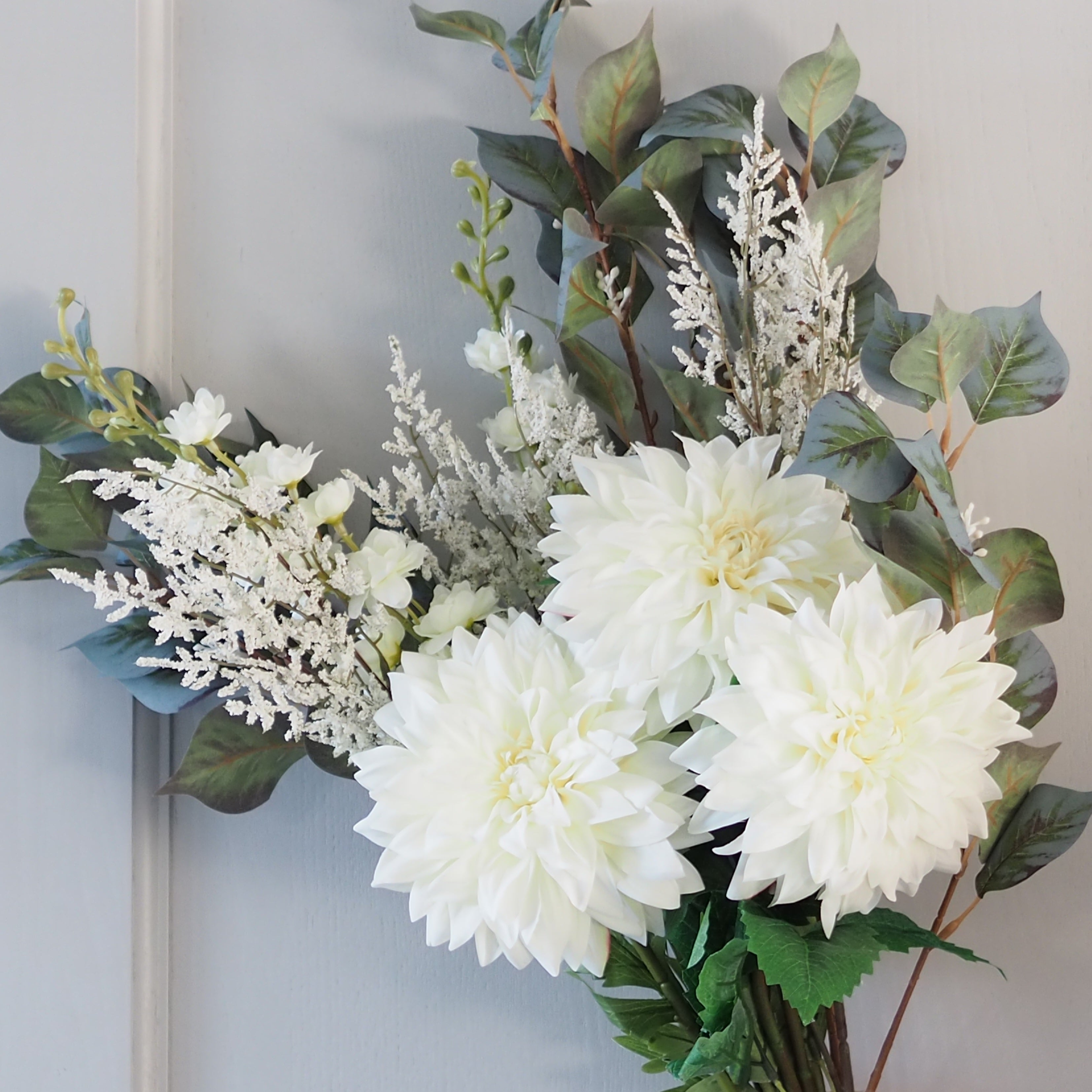 Faux White Dahlia & Spring Greens Bouquet – Dot and Blush