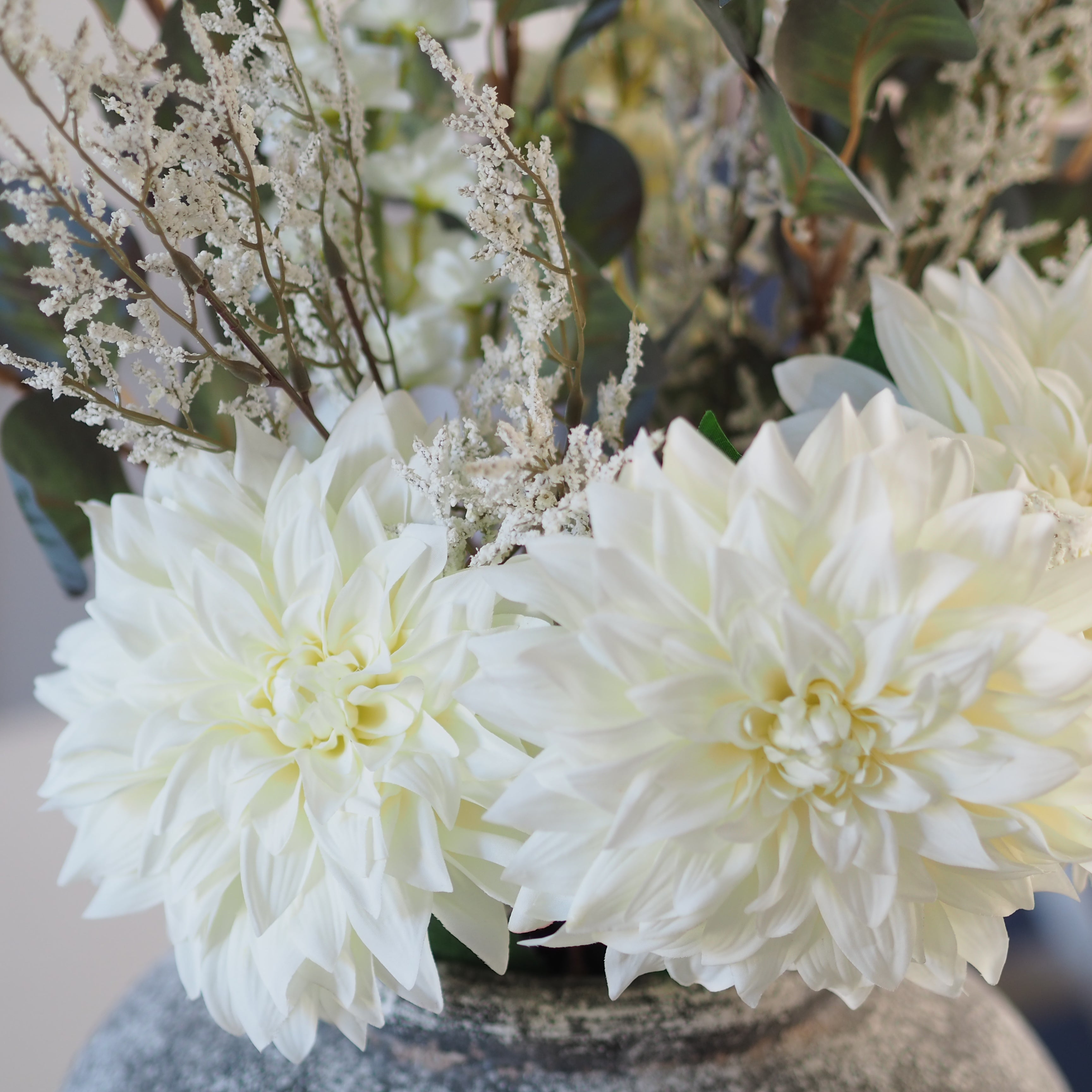 Faux White Dahlia & Spring Greens Bouquet – Dot and Blush